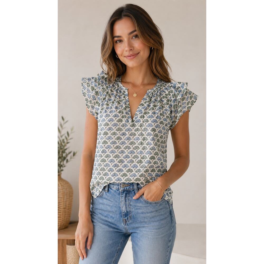 Marea Printed Cotton Flutter Sleeve Blouse